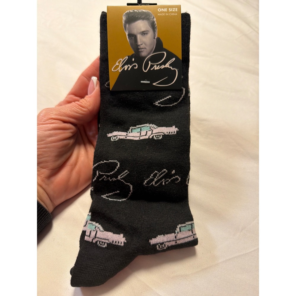 Elvis Presley Pink Cadillac Signature Crew Socks Black Official Merchandise NWT